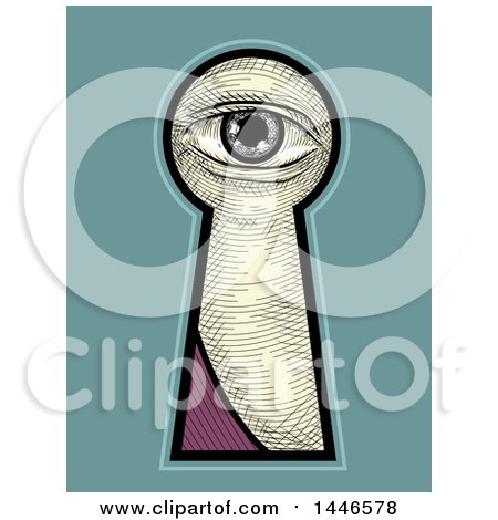 Clipart of a Cross Hatching Sketched Styled Eye Looking Through a Key Hole, over Blue - Royalty Free Vector Illustration by BNP Design Studio