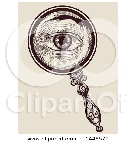 Clipart of a Cross Hatching Sketched Styled Eye Looking Through a Magnifying Glass, over Beige - Royalty Free Vector Illustration by BNP Design Studio