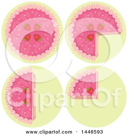 Clipart of a Strawberry Cake Displayed to Demonstrate Whole, Half, Quarter and Three Quarter Fractions - Royalty Free Vector Illustration by BNP Design Studio