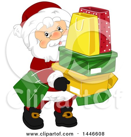 Clipart of a Christmas Santa Claus Carrying Shopping Bags and Boxes - Royalty Free Vector Illustration by BNP Design Studio