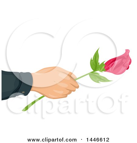 Clipart of a Romantic Male Hand Holding out a Long Stemmed Pink Rose - Royalty Free Vector Illustration by BNP Design Studio