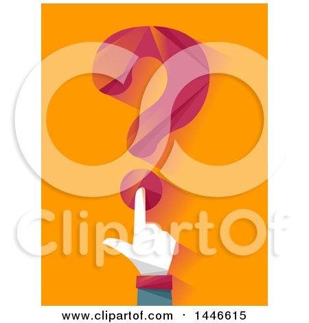 Clipart of a Hand Pushing the Bottom of a Question Mark like a Button, over Orange - Royalty Free Vector Illustration by BNP Design Studio
