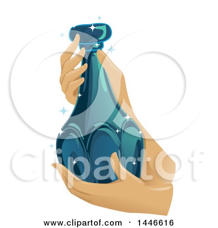 Clipart of a Pair of Hands Gently Holding a Beautiful Blue Glass Bottle - Royalty Free Vector Illustration by BNP Design Studio