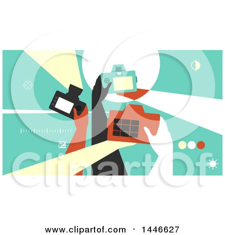 Clipart of a Group of Retro Photographer Hands Taking Pictures with Cameras - Royalty Free Vector Illustration by BNP Design Studio