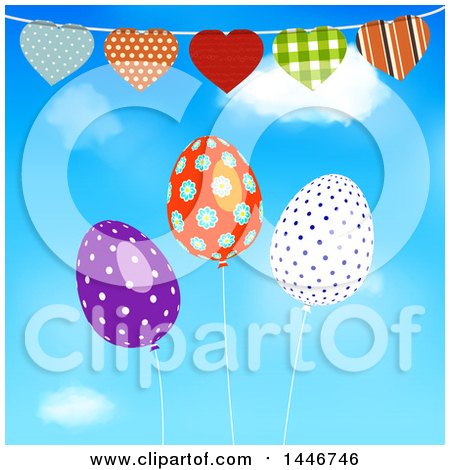 Clipart of a Heart Bunting Banner over Patterned Easter Egg Balloons Against Sky - Royalty Free Vector Illustration by elaineitalia