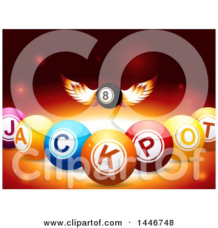 Clipart of a 3d Winged Eight Ball Flying over Jackpot Lottery Balls and Flares - Royalty Free Vector Illustration by elaineitalia