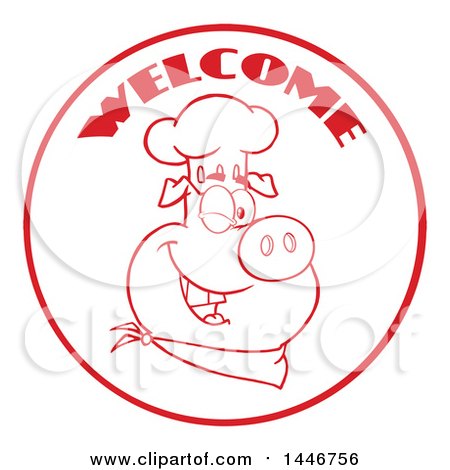 Cartoon Clipart of a Red Lineart Winking Chef Pig Wearing a Bandana and Toque Hat in a Circle with Welcome Text - Royalty Free Vector Illustration by Hit Toon