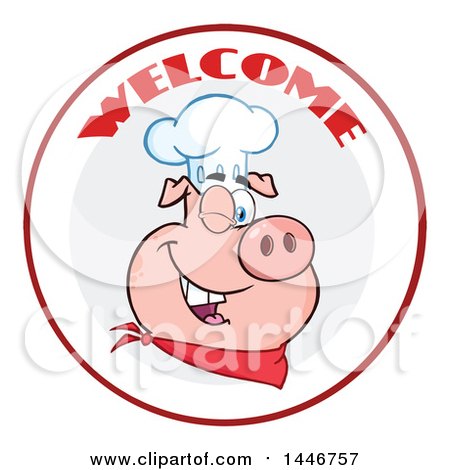 Cartoon Clipart of a Winking Chef Pig Wearing a Bandana and Toque Hat in a Circle with Welcome Text - Royalty Free Vector Illustration by Hit Toon