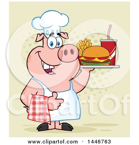 Cartoon Clipart of a Chef Pig Giving a Thumb up and Holding a Cheeseburger, Fries and Soda on a Tray over Halftone - Royalty Free Vector Illustration by Hit Toon