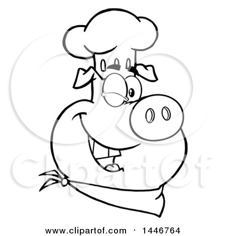 Cartoon Clipart of a Black and White Lineart Winking Chef Pig Wearing a Bandana and Toque Hat - Royalty Free Vector Illustration by Hit Toon