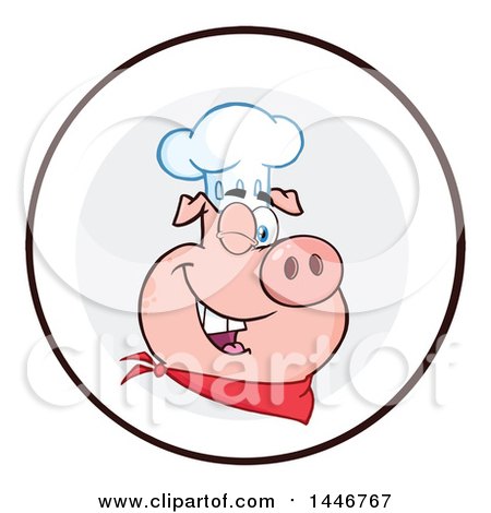 Cartoon Clipart of a Winking Chef Pig Wearing a Bandana and Toque Hat in a Circle - Royalty Free Vector Illustration by Hit Toon
