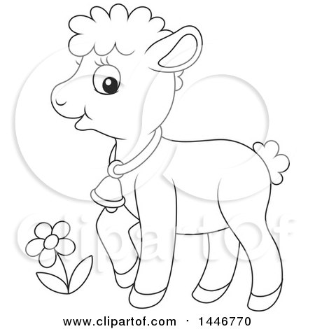 Clipart of a Cartoon Black and White Lineart Cute Sheared Baby Lamb Sheep - Royalty Free Vector Illustration by Alex Bannykh