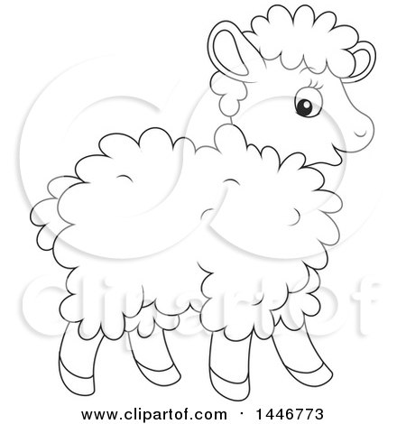 Clipart of a Cartoon Black and White Lineart Cute Baby Lamb Sheep - Royalty Free Vector Illustration by Alex Bannykh