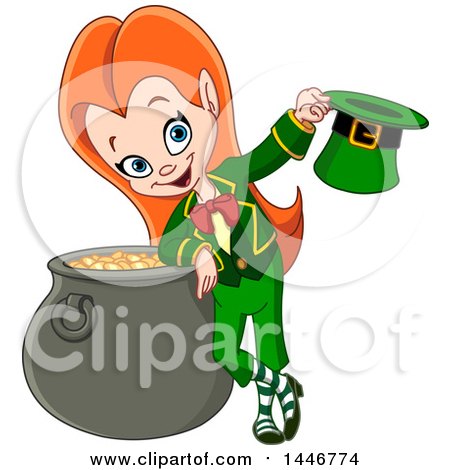 Clipart of a Cartoon St Patricks Day Red Haired Leprechaun Girl Holding a Hat and Leaning on a Pot of Gold - Royalty Free Vector Illustration by yayayoyo
