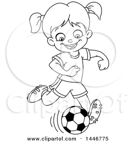 Clipart of a Cartoon Black and White Lineart Girl Playing Soccer - Royalty Free Vector Illustration by yayayoyo