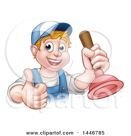 Clipart of a Cartoon Happy White Male Plumber Holding a Plunger and Giving a Thumb up - Royalty Free Vector Illustration by AtStockIllustration