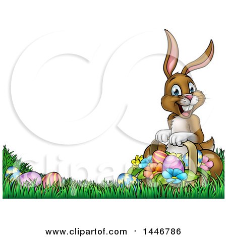 Clipart of a Cartoon Happy Brown Easter Bunny Rabbit with a Basket and Eggs - Royalty Free Vector Illustration by AtStockIllustration