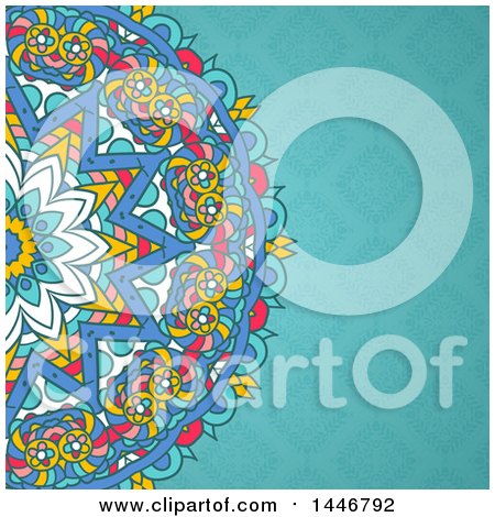 Clipart of a Colorful Mandala over a Blue Floral Pattern - Royalty Free Vector Illustration by KJ Pargeter
