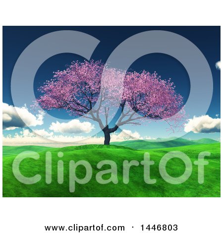 Clipart of a 3d Blossoming Cherry Tree on a Hill in a Spring Landscape - Royalty Free Illustration by KJ Pargeter