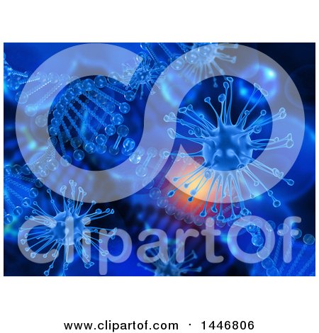 Clipart of a 3d Scientific Medical Background of Dna Strands and Virus Cells - Royalty Free Illustration by KJ Pargeter