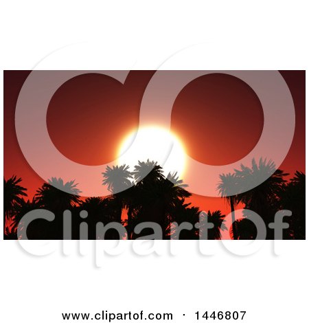 Clipart of a 3d Red Sunset Behind Silhouetted Tops of Palm Trees - Royalty Free Illustration by KJ Pargeter