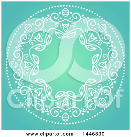 Clipart of a White Mandala Frame over Gradient Blue and Green - Royalty Free Vector Illustration by KJ Pargeter