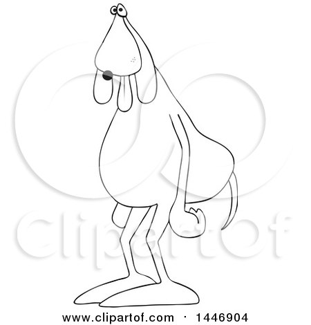 Clipart of a Cartoon Black and White Lineart Tired Dog Standing Upright with His Tongue Hanging out - Royalty Free Vector Illustration by djart