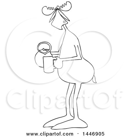 Clipart of a Cartoon Black and White Lineart Moose Pouring a Drink from a Pitcher - Royalty Free Vector Illustration by djart