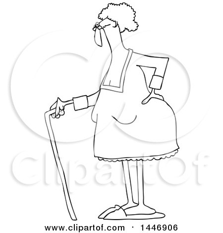 Clipart of a Cartoon Black and White Lineart Old Lady Standing with a Cane, Holding Her Back - Royalty Free Vector Illustration by djart