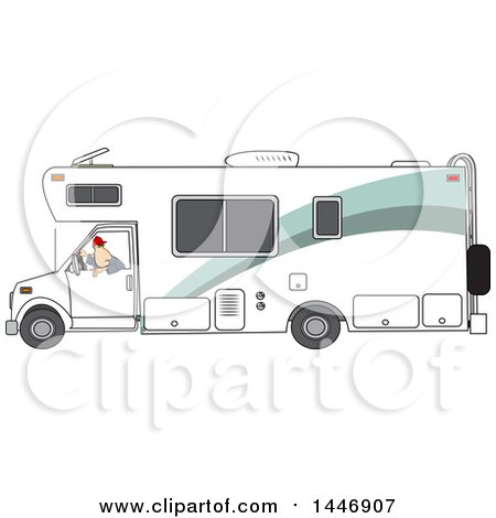 Clipart of a Cartoon White Man Backing up a Class C Motorhome - Royalty Free Vector Illustration by djart