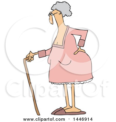Clipart of a Cartoon Old White Lady Standing with a Cane, Holding Her Back - Royalty Free Vector Illustration by djart