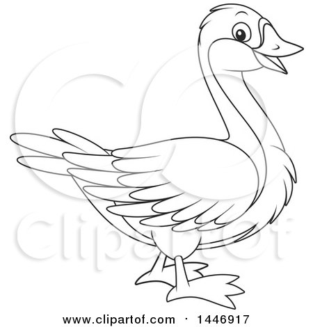 Clipart of a Cartoon Black and White Lineart Goose - Royalty Free Vector Illustration by Alex Bannykh