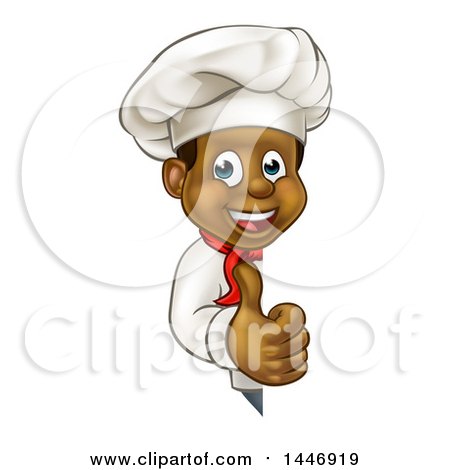 Clipart of a Cartoon Happy Black Male Chef Giving a Thumb up Around a Sign - Royalty Free Vector Illustration by AtStockIllustration