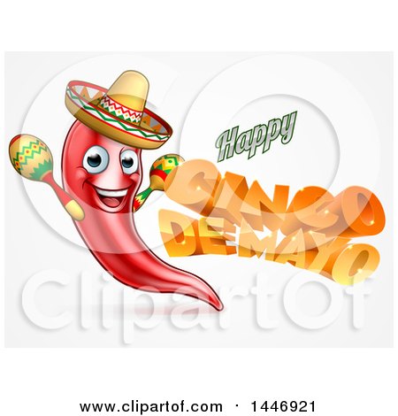 Clipart of a 3d Orange Happy Cinco De Mayo Text with a Chile Pepper Character Wearing a Sombrero and Playing Maracas - Royalty Free Vector Illustration by AtStockIllustration