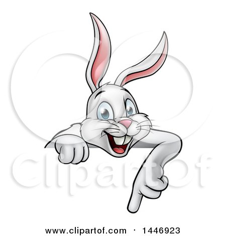 Clipart of a Cartoon Happy White Bunny Rabbit Pointing down over a Sign - Royalty Free Vector Illustration by AtStockIllustration