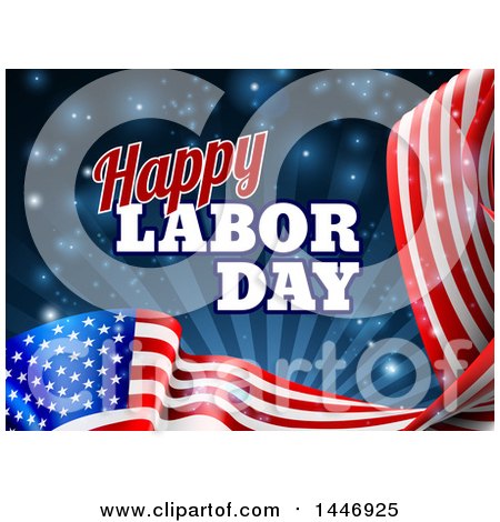 Clipart of a 3d Waving Long American Flag with Rays and Flares Under Happy Labor Day Text - Royalty Free Vector Illustration by AtStockIllustration
