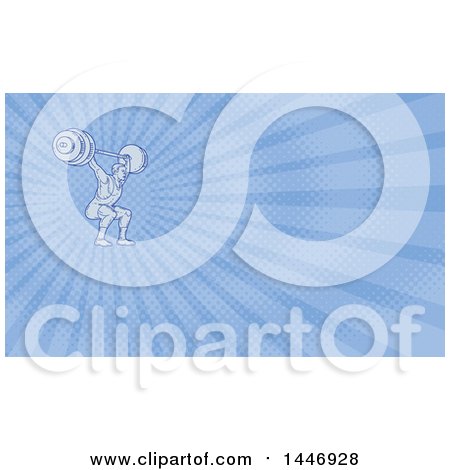 Clipart of a Mono Line Styled Strongman Bodybuilder Lifting a Barbell over His Head and Doing Squats and Blue Rays Background or Business Card Design - Royalty Free Illustration by patrimonio