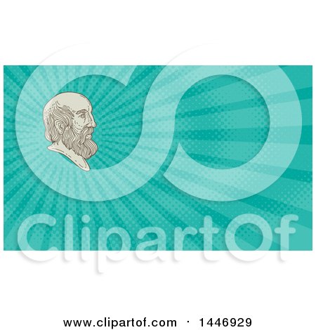 Clipart of a Mono Line Styled Bust of Plato in Profile and Turquoise Rays Background or Business Card Design - Royalty Free Illustration by patrimonio