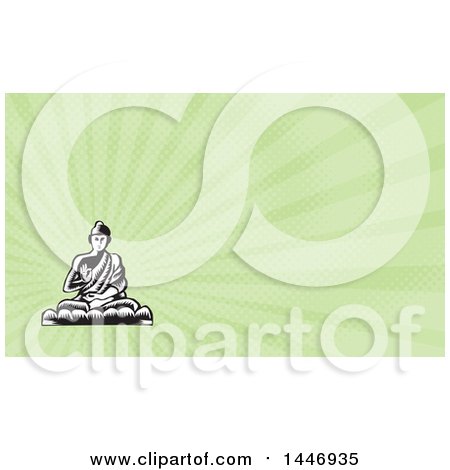 Clipart of a Black and White Retro Woodcut Buddha Sitting in the Lotus Position and Green Rays Background or Business Card Design - Royalty Free Illustration by patrimonio