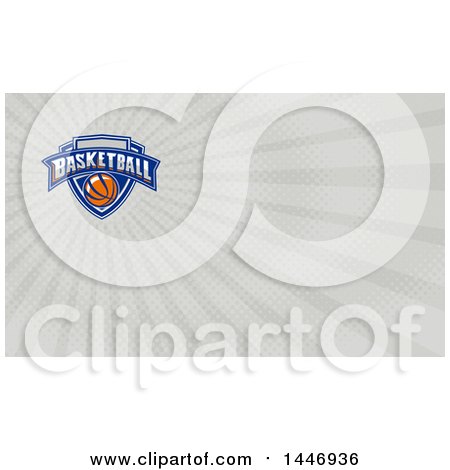 Clipart of a Retro Basketball Shield Design and Gray Rays Background or Business Card Design - Royalty Free Illustration by patrimonio