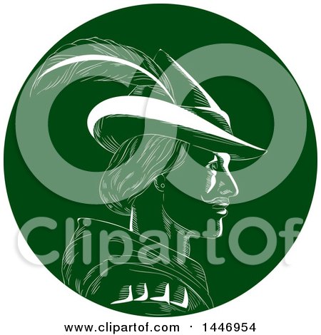 Clipart of a Retro Engraved or Woodcut Styled Profiled Bust Portrait of Robin Hood in a Plumed Hat, in Green and White - Royalty Free Vector Illustration by patrimonio