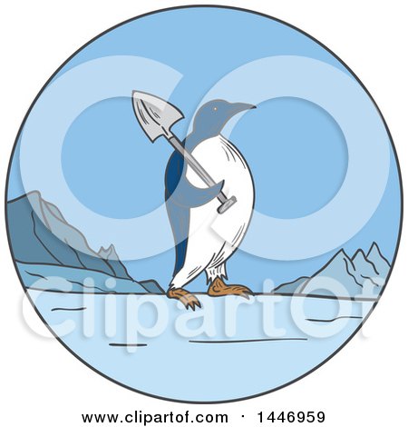 Clipart of a Sketched Mono Line Styled Emperor Penguin Carrying a Shovel in a Circle - Royalty Free Vector Illustration by patrimonio