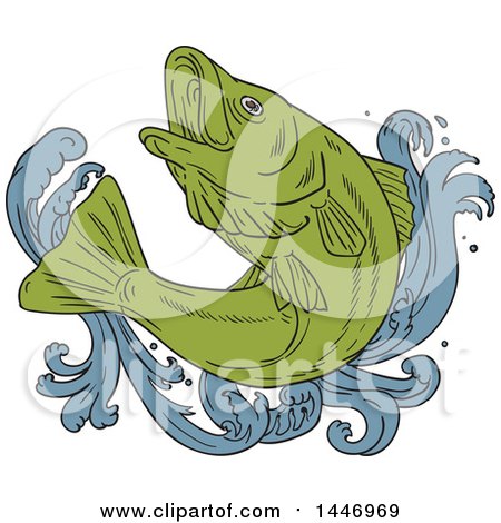 Clipart of a Sketched Drawing Styled Jumping Rockfish and Rough Water - Royalty Free Vector Illustration by patrimonio