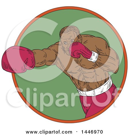 Clipart of a Sketched Drawing Styled Black Male Boxer Doing a Right Hook Punch, in a Green Circle - Royalty Free Vector Illustration by patrimonio