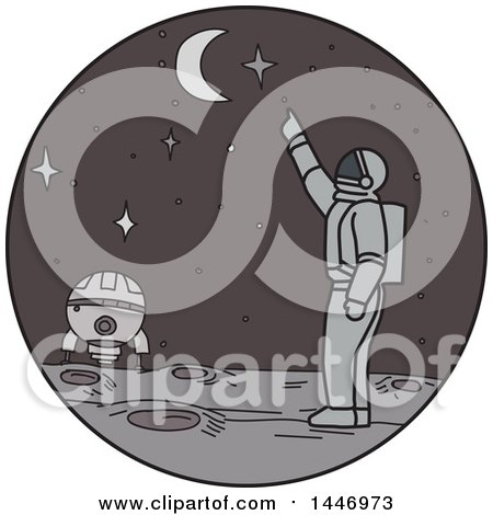 Clipart of a Sketched Mono Line Styled Astronaut on a Foreign Planet, Pointing up at the Moon and Stars - Royalty Free Vector Illustration by patrimonio