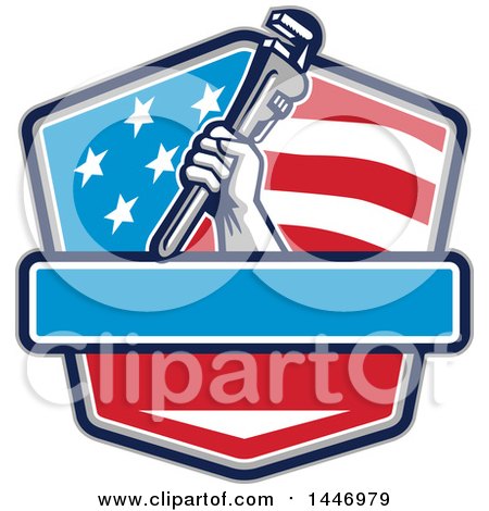 Clipart of a Retro Plumber Hand Holding a Pipe Monkey Wrench in an American Flag Shield - Royalty Free Vector Illustration by patrimonio