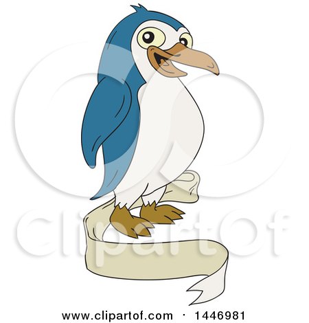 Clipart of a Cartoon Happy Penguin and Blank Ribbon Banner - Royalty Free Vector Illustration by patrimonio
