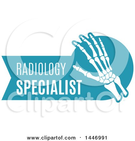 Clipart of a Human Wrist and Hand over a Blue Badge with Radiology Specialist Text - Royalty Free Vector Illustration by Vector Tradition SM
