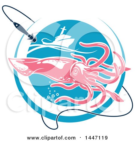 Clipart of a Pink Squid in a Blue Circle with Hooks and a Boat - Royalty Free Vector Illustration by Vector Tradition SM