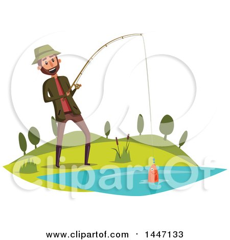 Clipart of a Happy Man Fishing and Reeling in His Catch - Royalty Free Vector Illustration by Vector Tradition SM
